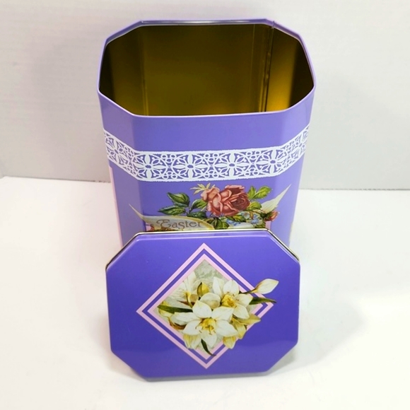 Easter Greetings Wishes Victorian Litho Printed Girl with Birds Tall Tin Box - Picture 10 of 14